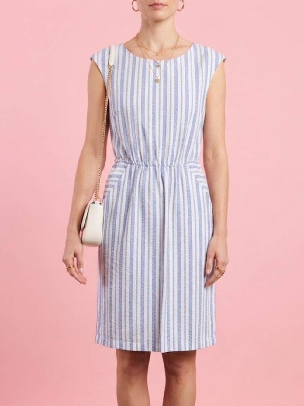 Blue & White Striped Linen Blend Mini Dress with Pockets